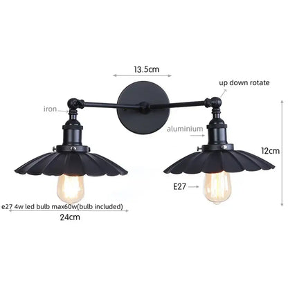Black wrought iron and aluminum wall lamp with two adjustable fluted lampshades featuring e27 led bulbs decorbites adjustable rustic