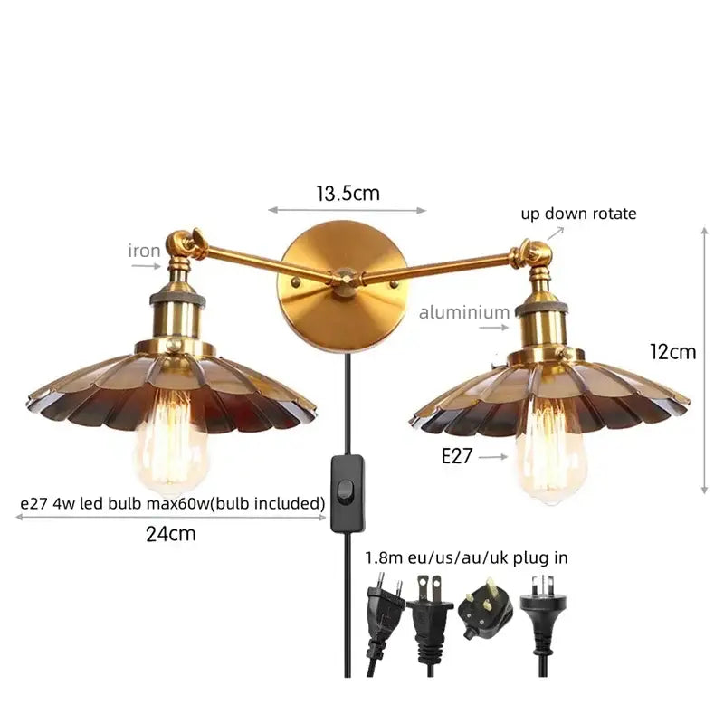 Antique bronze adjustable rustic led wall lamp with brass-finished arms and dark tinted fluted glass shades decorbites adjustable rustic