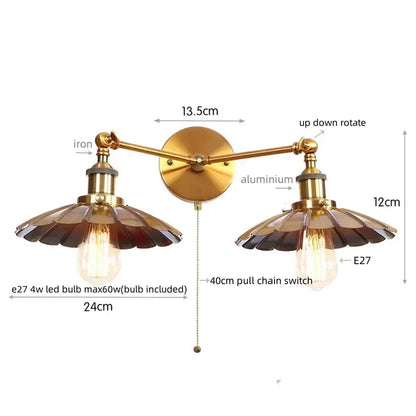 Brass-finished wall lamp with two adjustable fluted glass shades and exposed Edison bulbs in decorbites adjustable rustic led style
