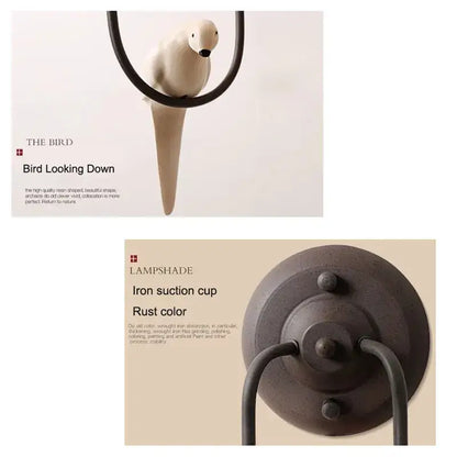 Antique bronze and cream ceramic bird wall lamp with a rustic iron suction cup lampshade for decorbites bird decor