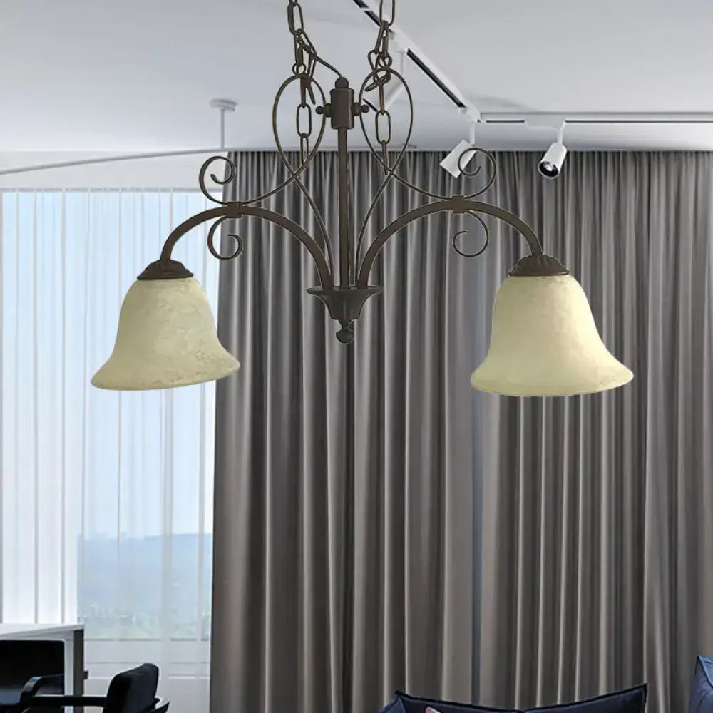 Antique bronze wrought iron bell island pendant light with two cream glass shades for dining room ceiling