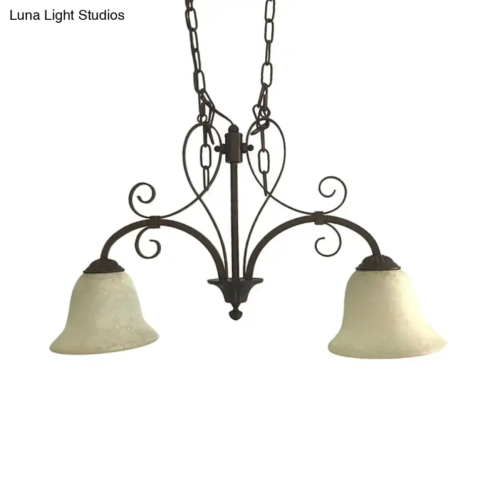Dark bronze wrought iron bell island pendant light with two cream glass shades for dining room ceiling lighting