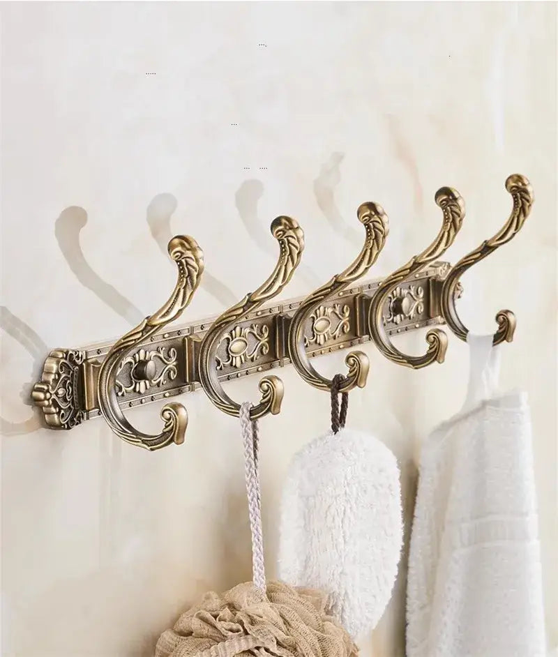 Antique brass ornate wall-mounted coat rack with five decorative hooks for decorbites bronze carved bath accessories