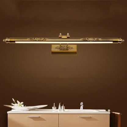 Antique bronze carved mirror lamp bathroom scrollwork wall light with gold-toned ornate bar light and floral detailing