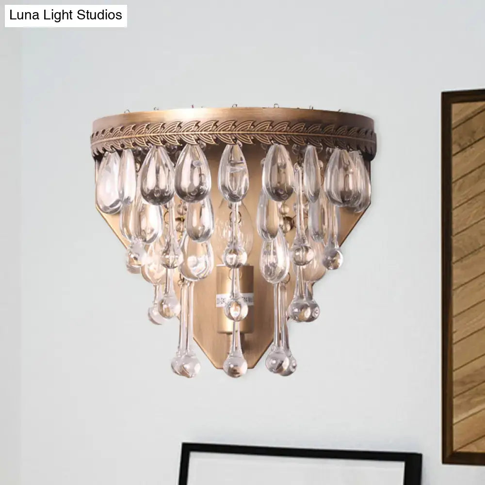 Antique bronze countryside crystal teardrop light wall sconce with brass finish and cascading clear crystal pendants