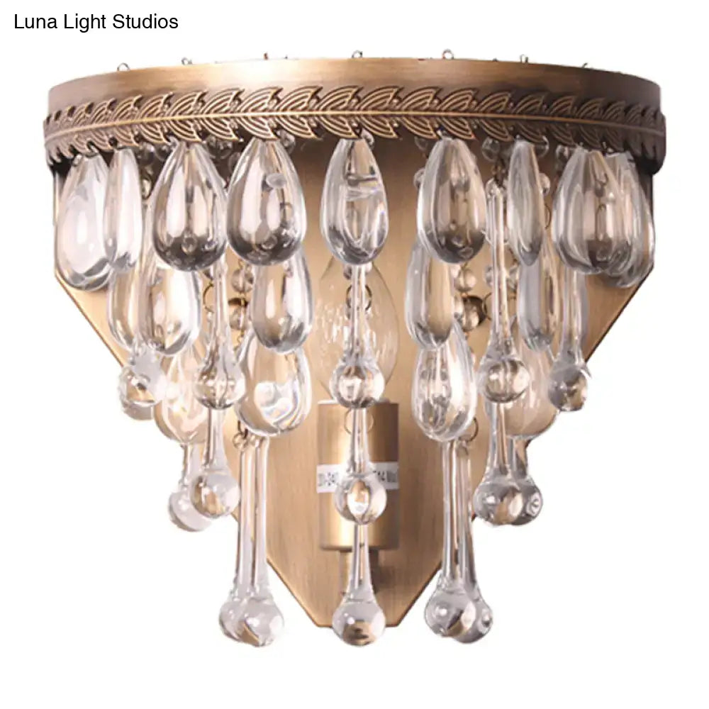 Antique bronze countryside crystal teardrop light wall sconce with brass finish and cascading clear crystal pendants