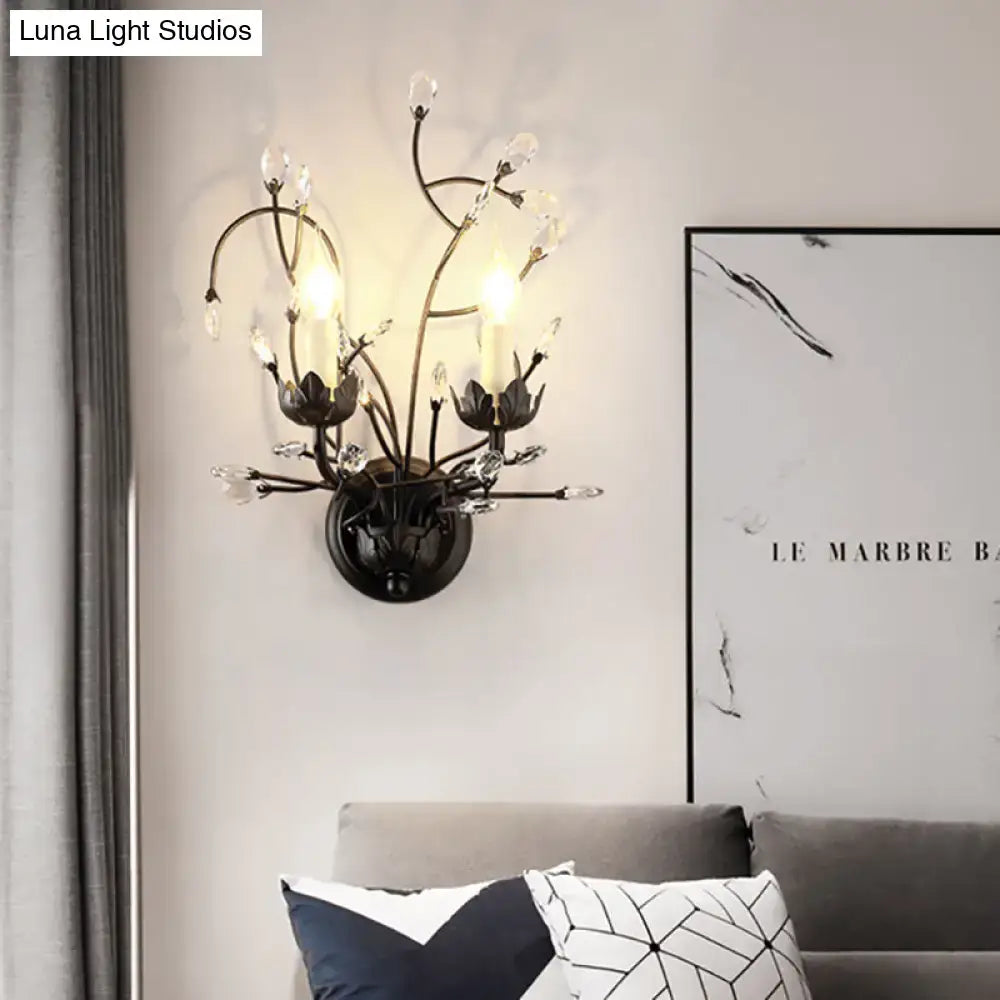 Black wrought iron wall light with antique bronze finish floral design and crystal accents compatible with e12 e14 bulbs