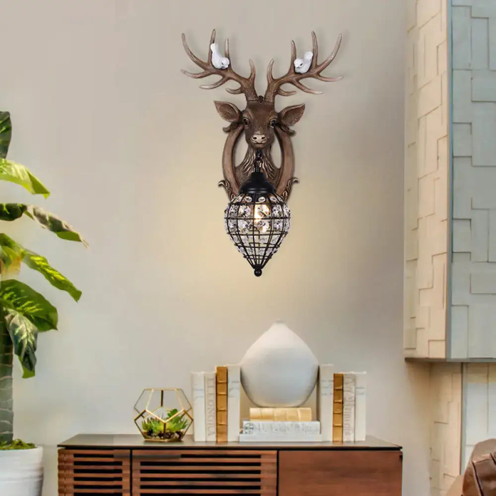 Antique bronze deer head wall lamp with crystal lantern shade and two white birds for living room sconce 110v-120v 220v-240v