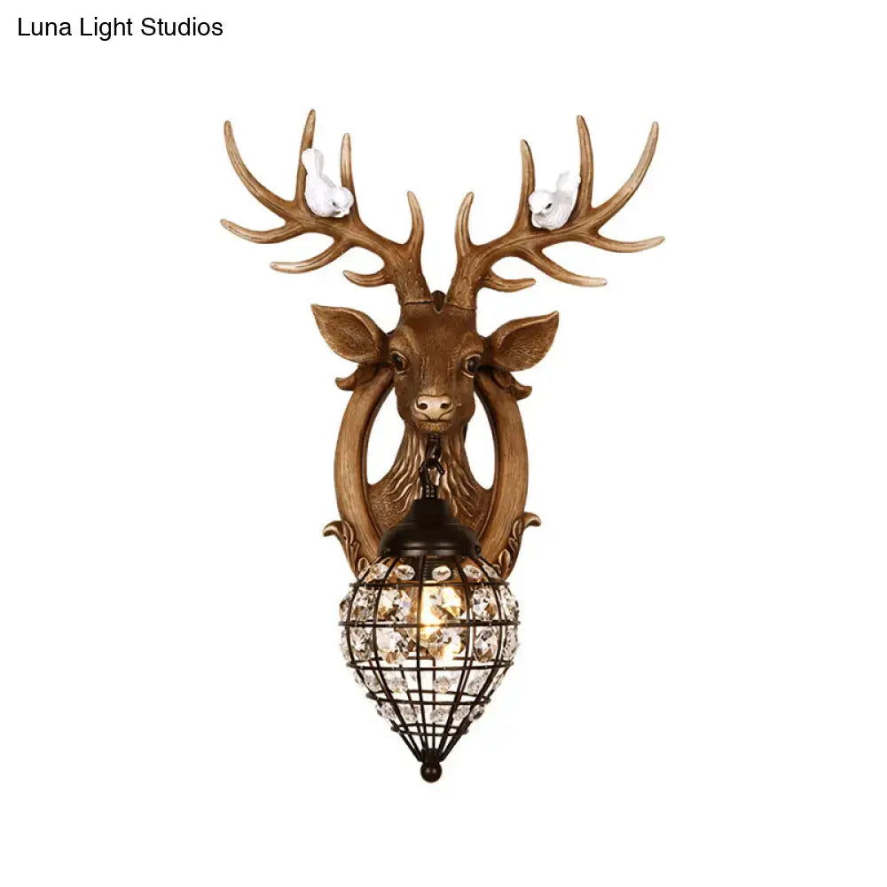 Antique bronze deer head wall lamp with crystal lantern shade and white bird accents for living room 110v-120v 220v-240v