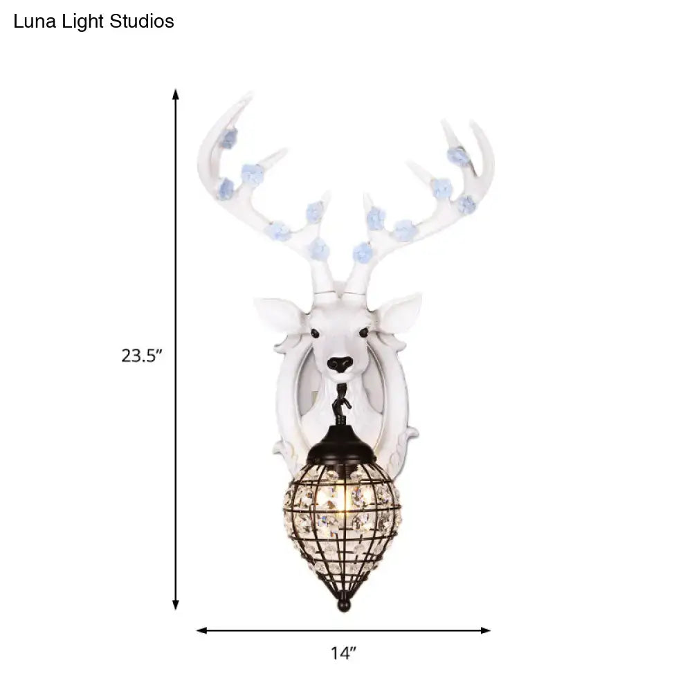 Antique bronze deer head wall lamp with light blue floral accents and black metal cage pendant for living room 110v-120v 220v-240v