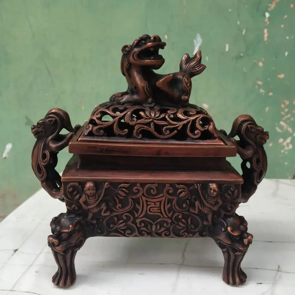 Antique bronze double dragon lion incense burner with intricate floral carvings and mythical creature lid for living room ornament