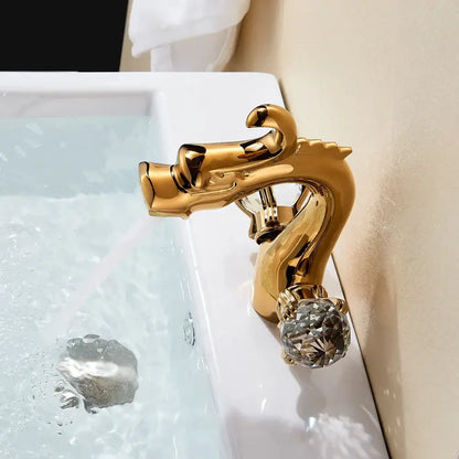 Antique bronze handle basin faucet featuring a golden dragon design with a crystal knob for bathroom sinks decorbites dragon