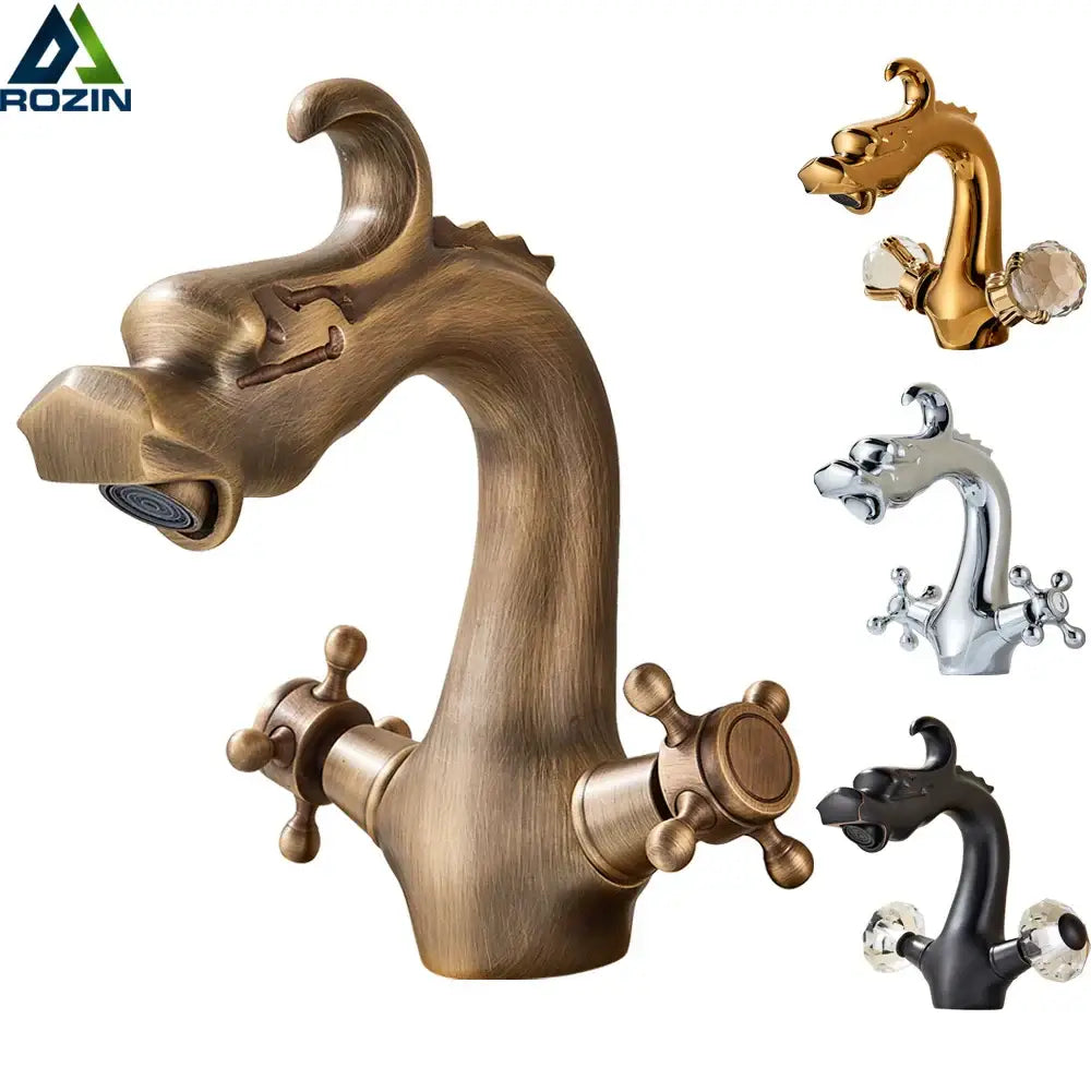 Antique bronze decorbites dragon handle basin faucet with ornate brass dragon head and cross-handle controls for bathroom vessel sink