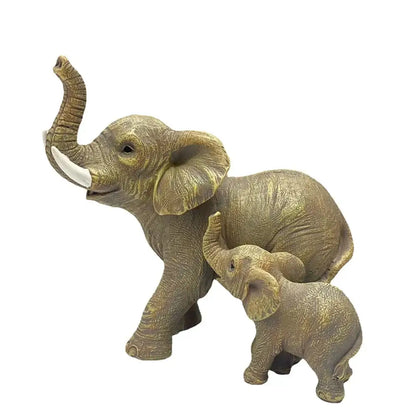 Antique bronze elephant family figurine in resin with detailed textured skin and white tusks for living room decor