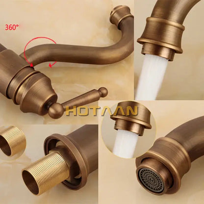 Antique bronze finish bathroom sink faucet with decorbites bronze finish, swivel spout, and pull-out spray head