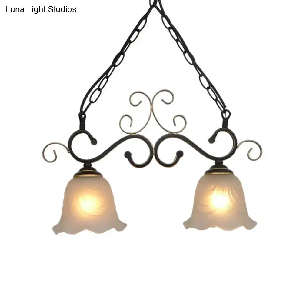 Antique bronze pendant light with black wrought iron frame and flared frosted glass shades for dining room 220v-240v 110v-120v