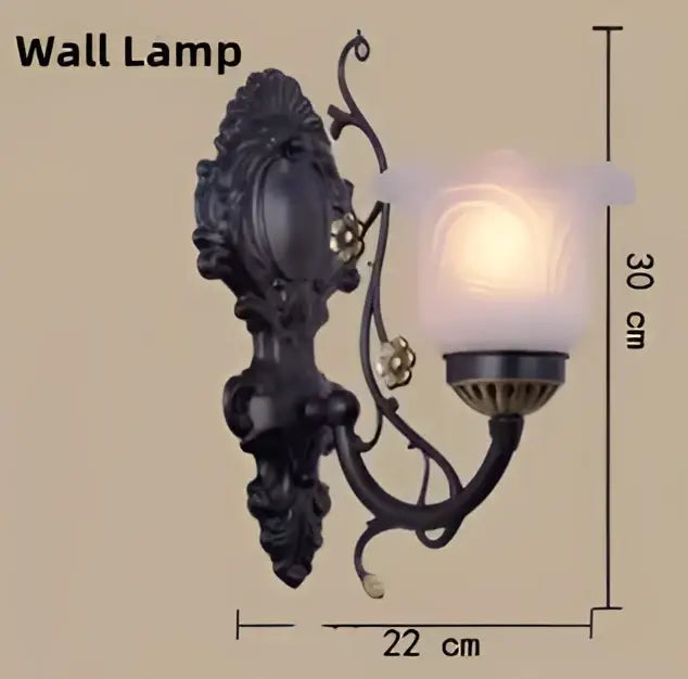 Black ornate metal wall lamp with frosted glass shade complementing antique bronze flower glass shade ceiling chandelier
