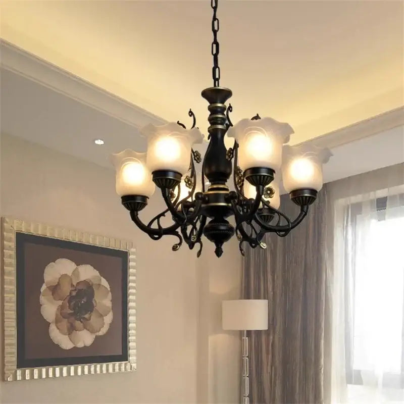 Antique bronze flower glass shade ceiling chandelier with black wrought iron and five frosted glass shades for dining room