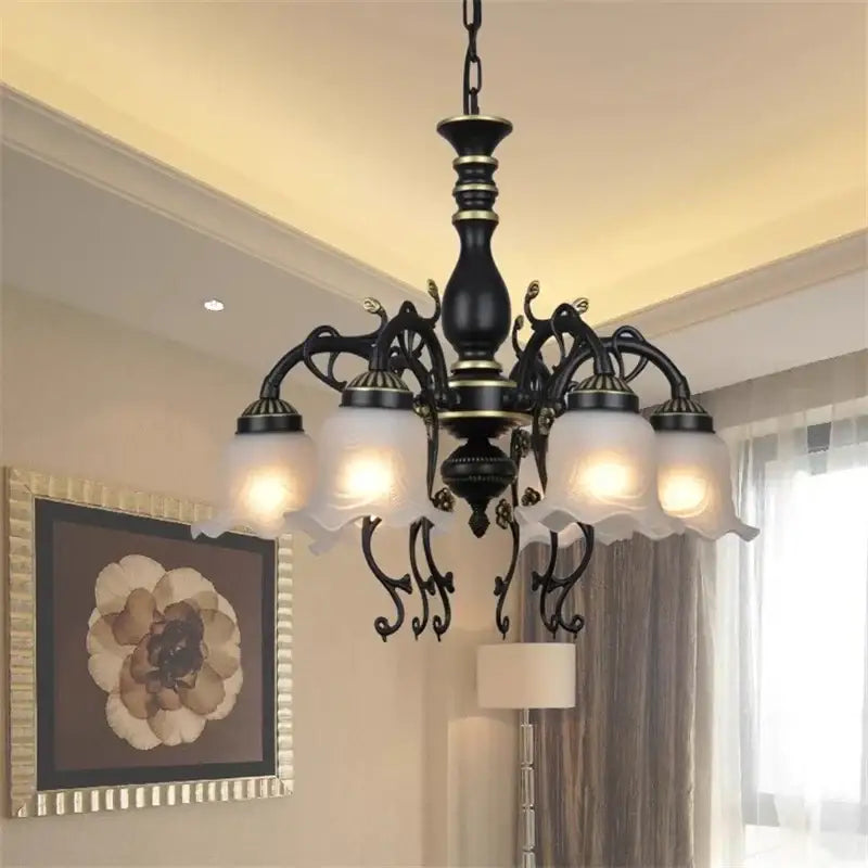Antique bronze flower glass shade ceiling chandelier with black wrought iron five frosted glass shades and gold accents