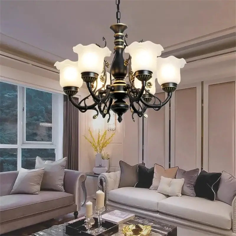 Antique bronze wrought iron flower glass shade ceiling chandelier with six frosted glass shades for dining room