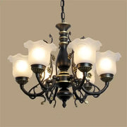 Antique bronze flower glass shade ceiling chandelier with five frosted glass shades for dining room lighting