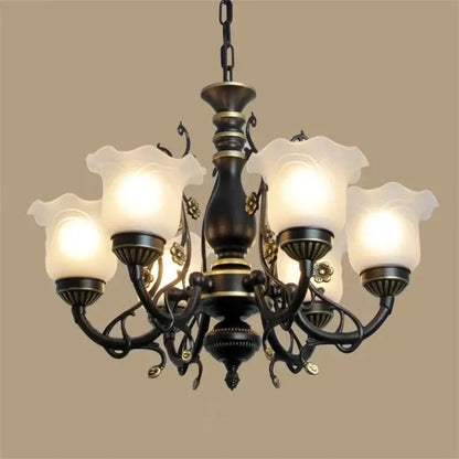 Antique bronze flower glass shade ceiling chandelier with five frosted glass shades for dining room lighting