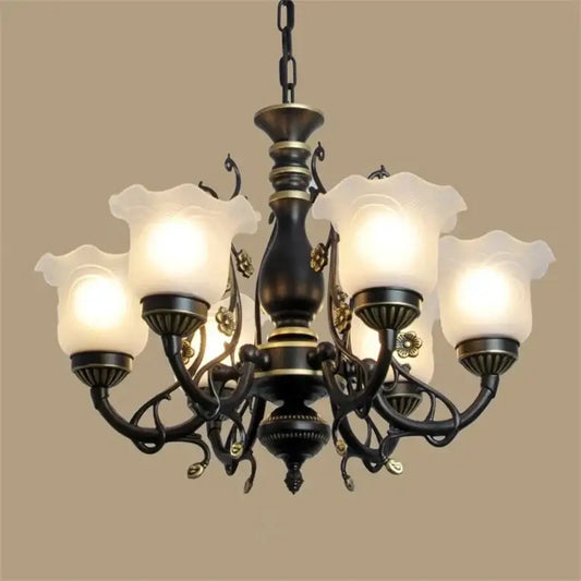 Antique bronze flower glass shade ceiling chandelier with five frosted glass shades for dining room lighting