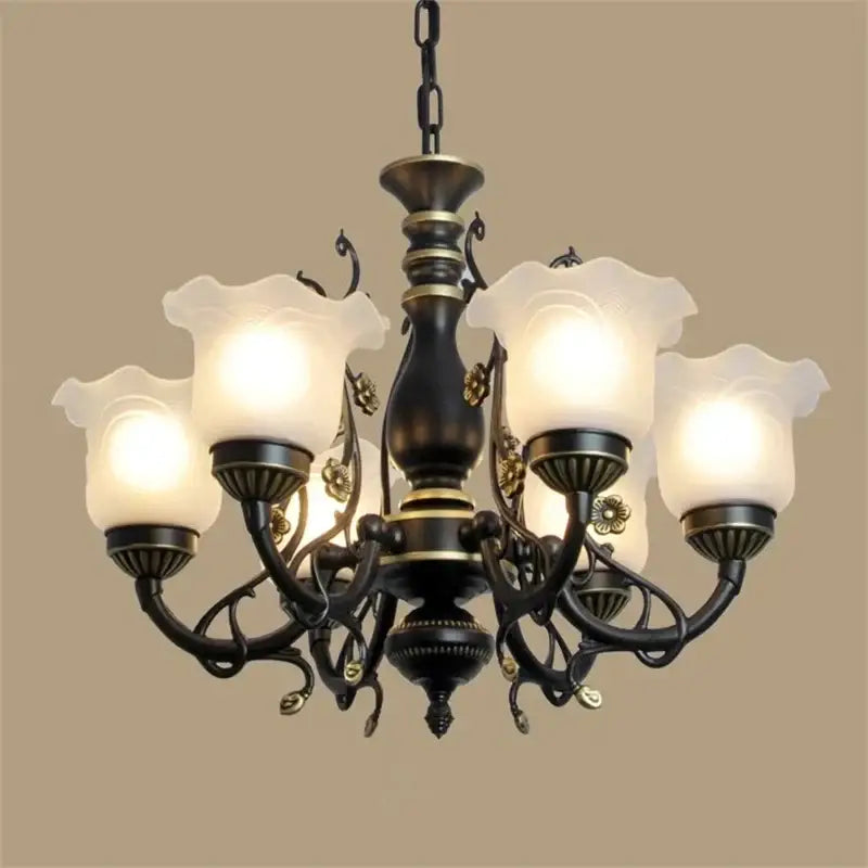 Antique bronze flower glass shade ceiling chandelier with five frosted glass shades for dining room lighting