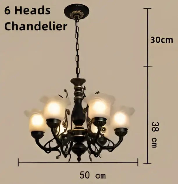 Antique bronze flower glass shade ceiling chandelier with six frosted glass shades for dining room lighting