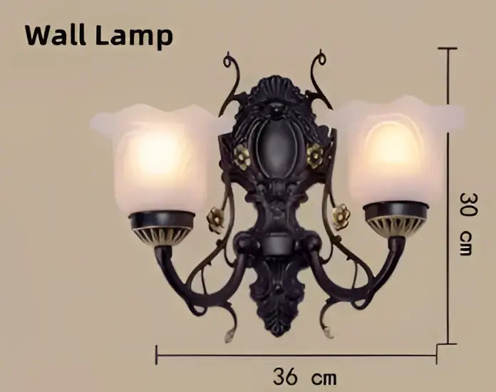 Antique bronze flower glass shade ceiling chandelier with black ornate metal and three frosted glass shades for dining room