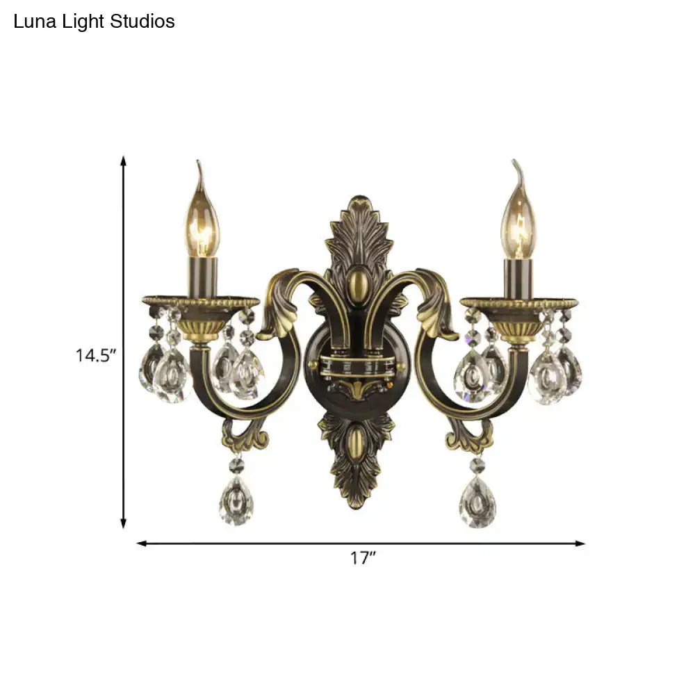Antique brass two-light wall mount light with crystal teardrop pendants for nordic wall living room decor