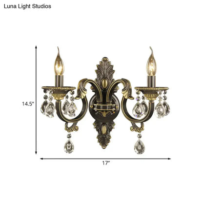 Antique brass two-light wall mount light with crystal teardrop pendants for nordic wall living room decor
