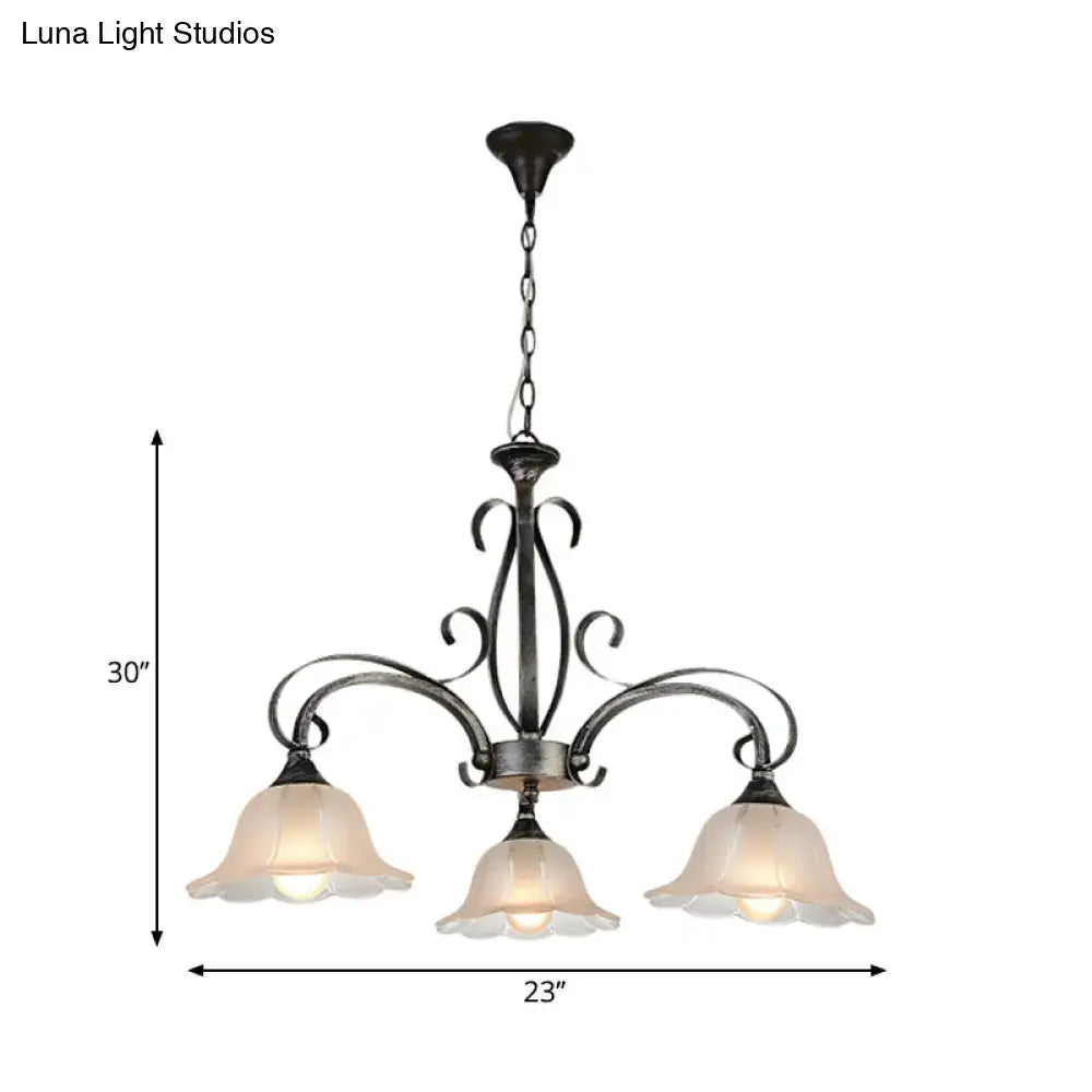 Antique bronze wrought iron ceiling light with three frosted glass bell-shaped shades for living rooms island pendant ceiling