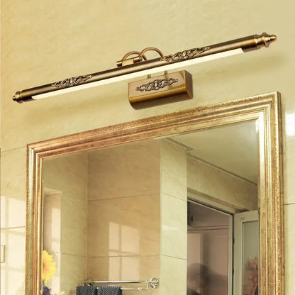 Antique bronze ornate led mirror lamp with brass finish and floral engraving for bathroom wall decor