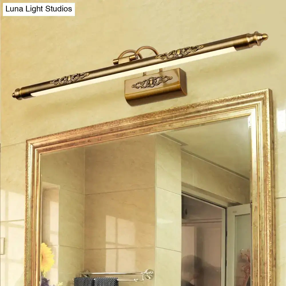 Antique bronze ornate led mirror lamp with brass finish and scrollwork detailing for bathroom wall decor