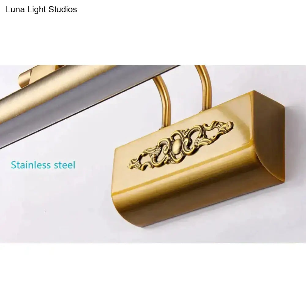 Gold-finished stainless steel led mirror lamp with ornate scrollwork for antique bronze bathroom wall decor