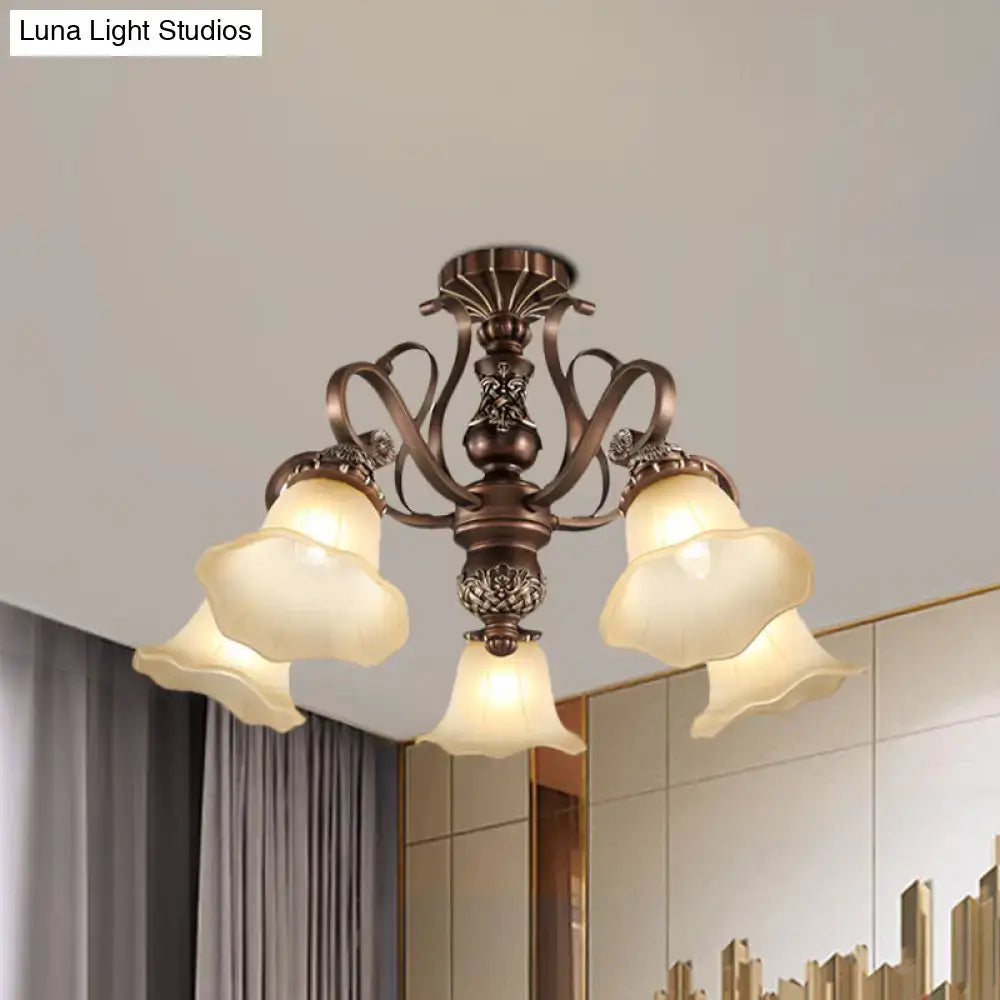 Antique bronze-finished decorbites floral shade semi flush light with three frosted opal glass shades for living room e26 e27