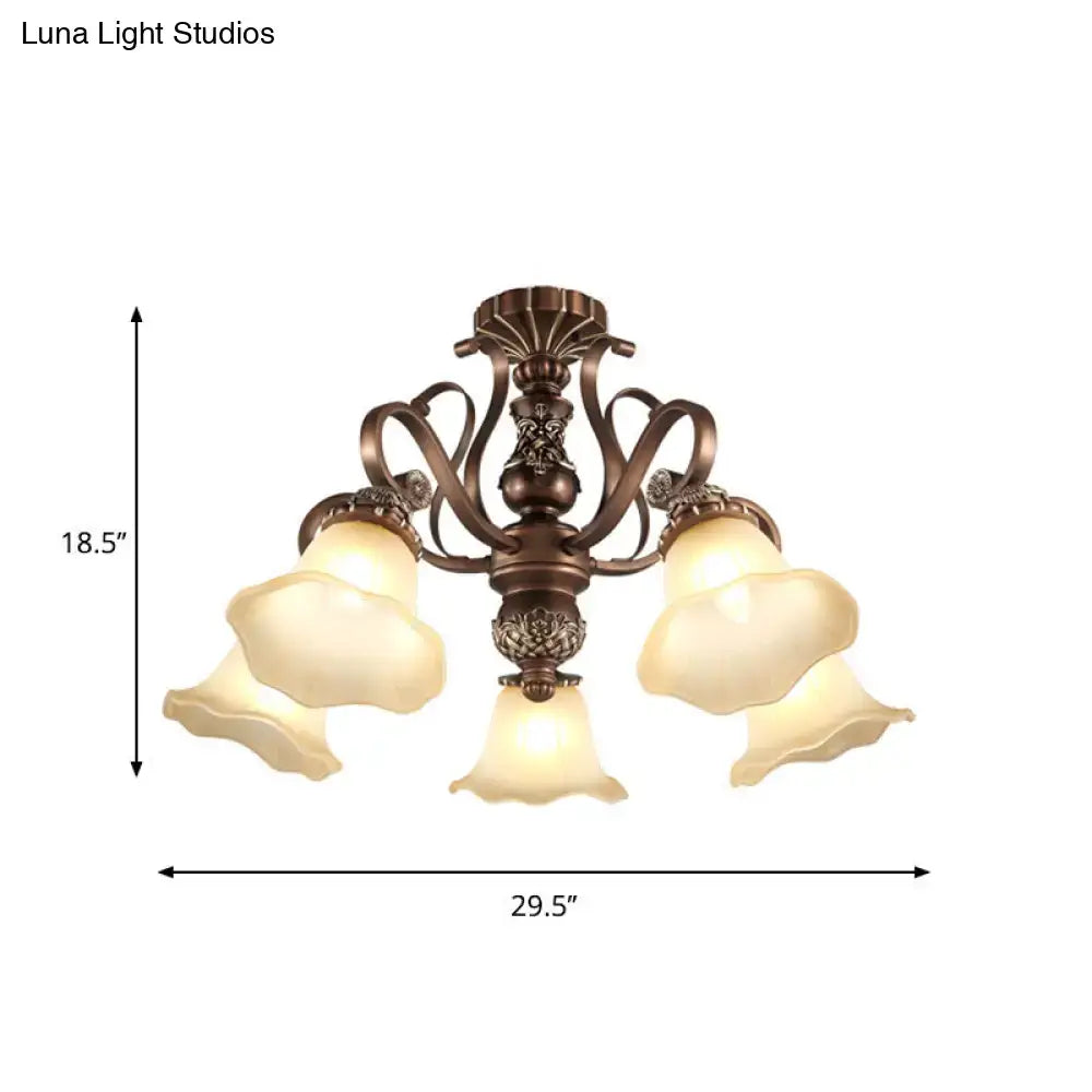 Antique bronze finish DecorBites floral shade semi flush light with five opal glass e26 e27 bell-shaped shades