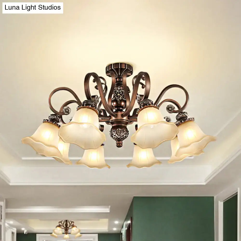 Antique bronze-finished DecorBites™ semi flush light with five cream floral opal glass shades for e26 e27 bulbs