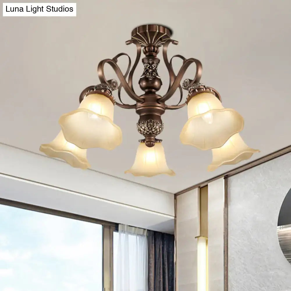 Antique bronze-finished DecorBites™ semi flush light with three cream floral opal glass shades for living room E26 E27