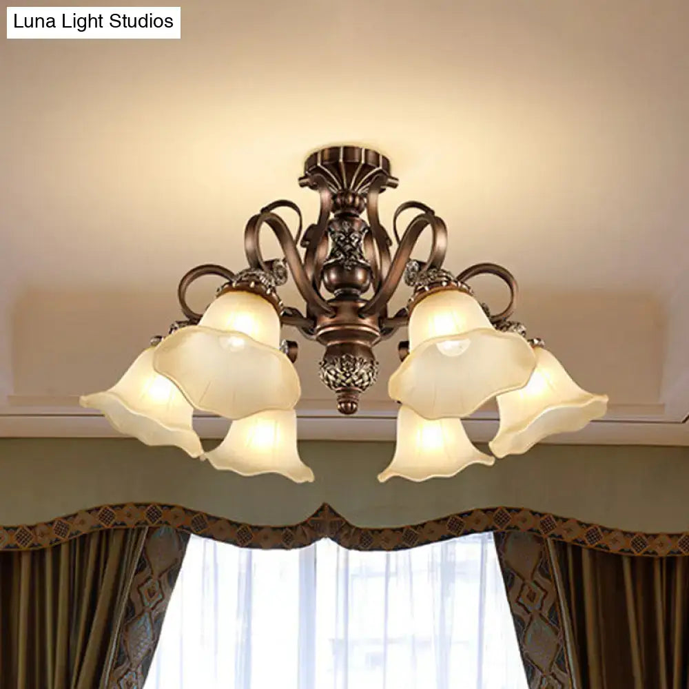 Antique bronze-finished decorbites floral shade semi flush light with five cream opal glass shades cocok untuk e26 e27 socket