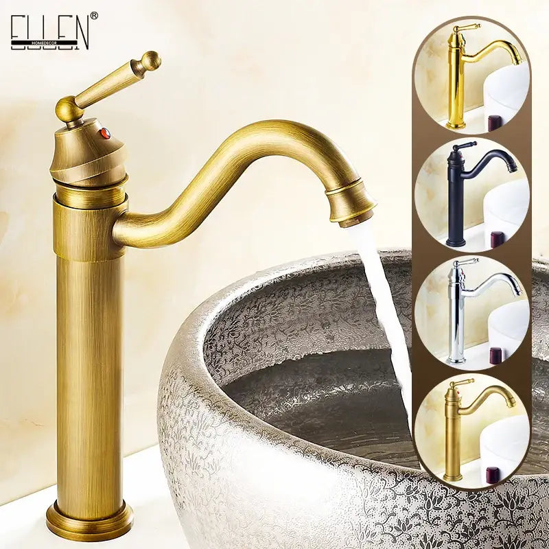 Antique bronze tall curved spout bathroom sink faucet mixer with brass finish and decorative handle over ceramic sink