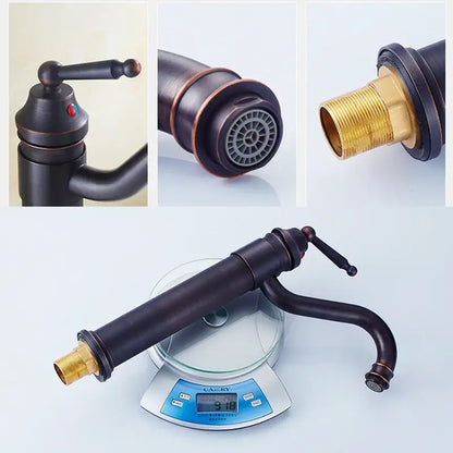 Antique bronze tall curved spout bathroom sink faucet mixer with a single handle and brass threaded connections