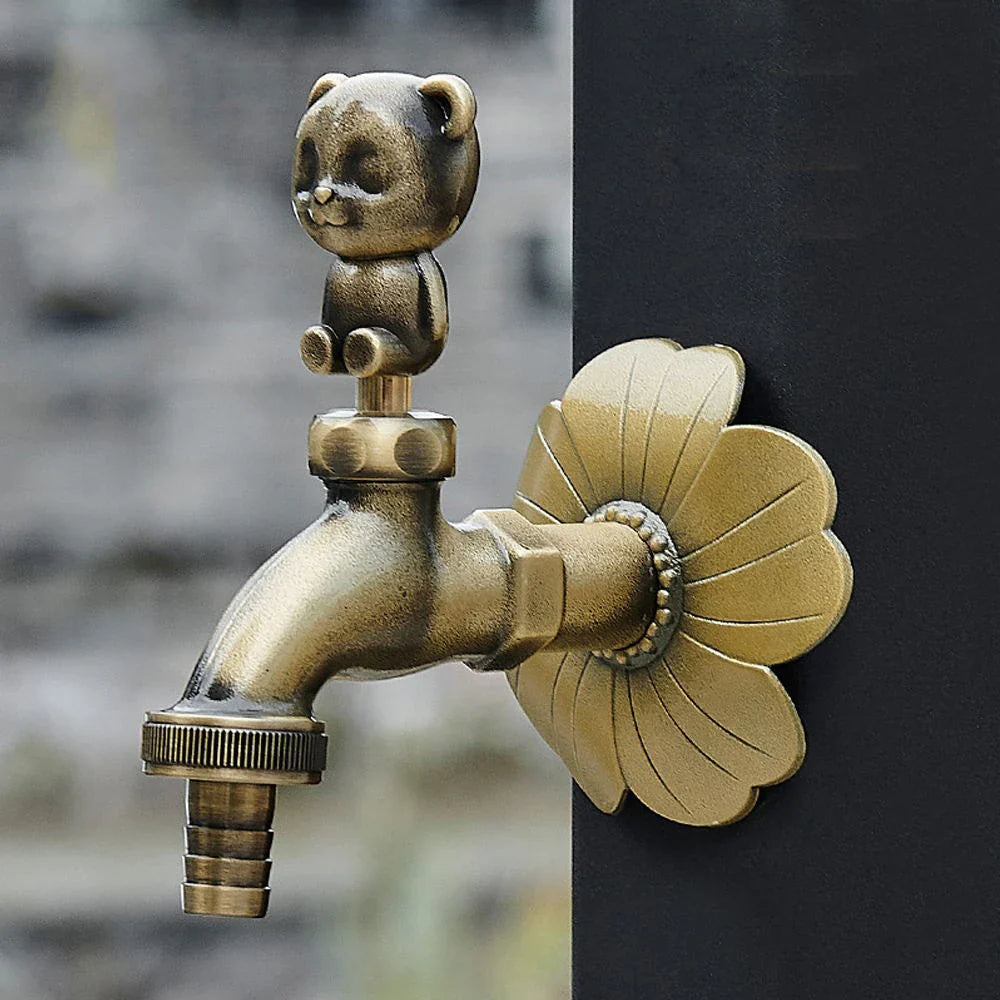 Antique carved bibcock brass faucet with bear-shaped handle and flower wall mount for washing machine use