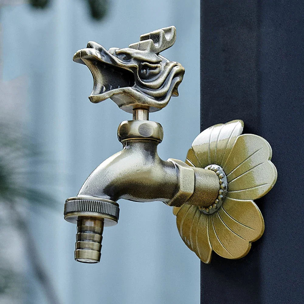 Antique carved bibcock brass faucet with dragon head and floral mount for outdoor washing machine use