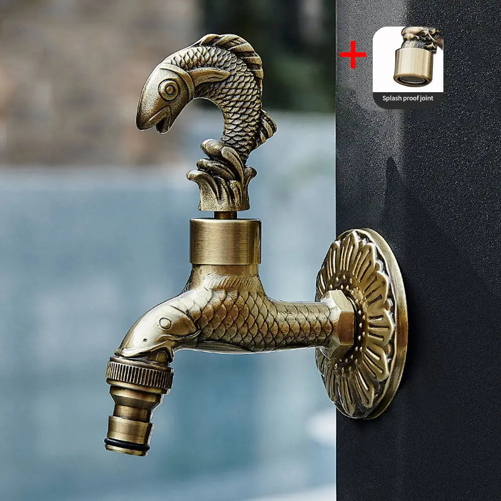 Antique carved bibcock brass faucet with fish-themed detailed scales for washing machine and garden use