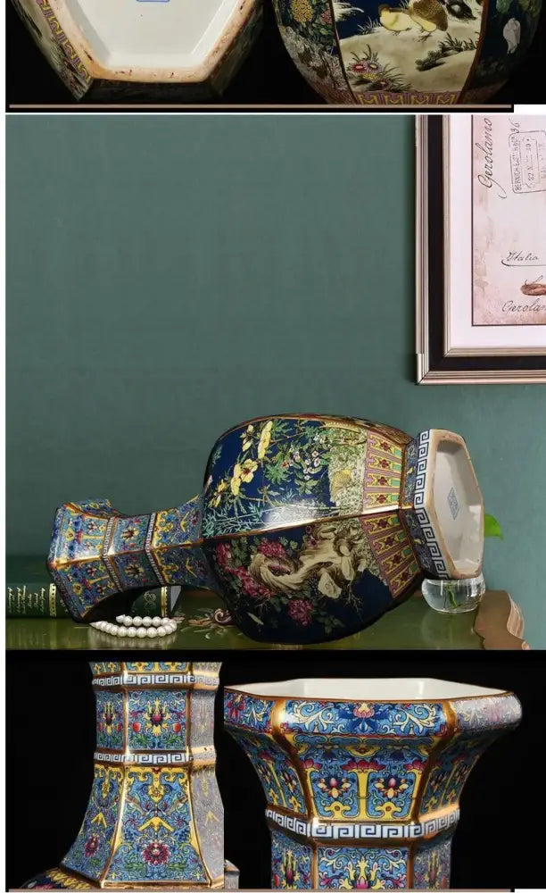 Antique ceramic vase 24cm decorated with blue and gold enamel featuring intricate floral and bird patterns