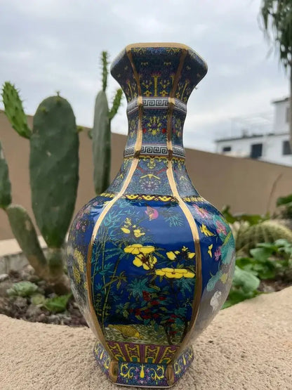 Antique ceramic vase 24cm deep blue octagonal ceramic vase with gold-trimmed floral and butterfly motifs