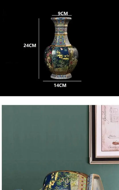Antique ceramic vase 24cm dark blue ceramic vase with intricate gold and multicolored floral patterns for decor