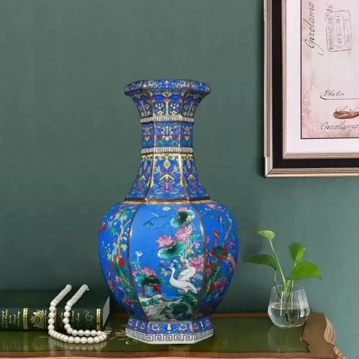 Antique ceramic vase 24cm blue enamel ceramic vase with intricate floral and bird motifs and gold accents